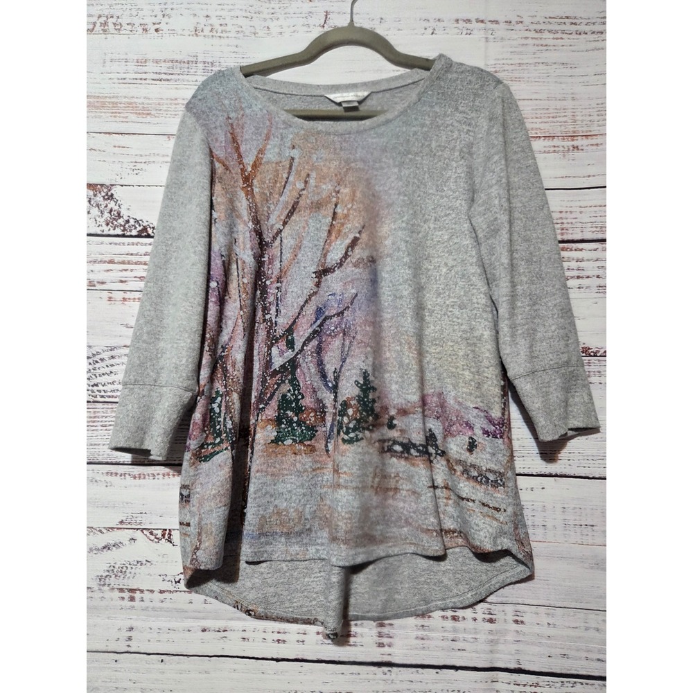 Christopher & Bank Women Gray Winter Scene Graphic Top 3/4 Sleeve M Art to Wear